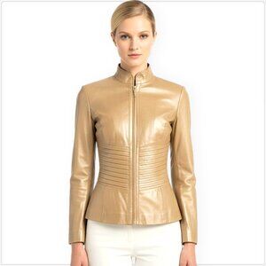 St. John Sport 100% Leather Pearl Metallic Gold Tan Zip Front Jacket P Petite